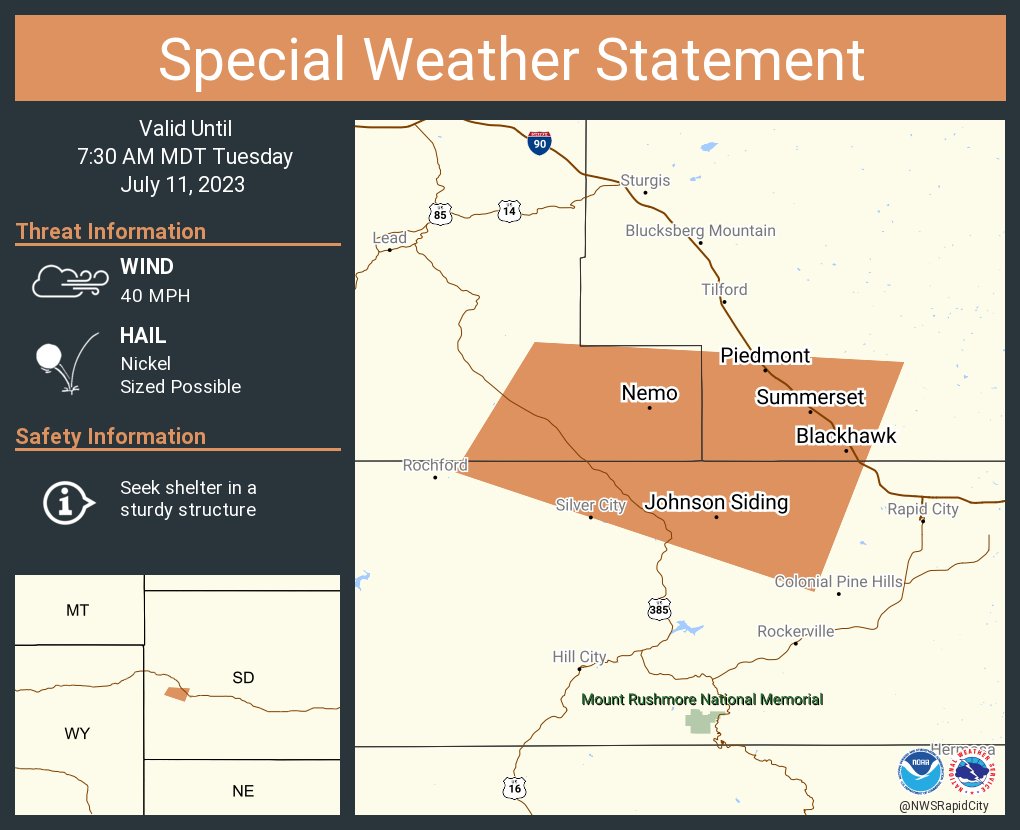 A special weather statement has been issued for Blackhawk SD, Summerset SD and  Johnson Siding SD until 7:30 AM MDT