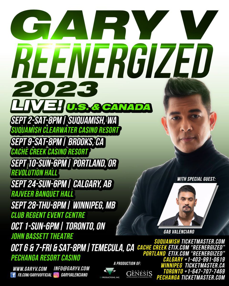 Are you ready to get REENERGIZED? Catch <a href="/GaryValenciano1/">GARY VALENCIANO</a> and <a href="/gabvalenciano/">Gabriel Valenciano</a> this fall on the #GaryVREENERGIZED 
US Canada 2023 Tour! 
Ticket buying links and mobile #s for tickets are online at GaryV.com/tour 
Detailed inquiries? 
📩 info@garyv.com
#ReenergizedUSCAN2023
