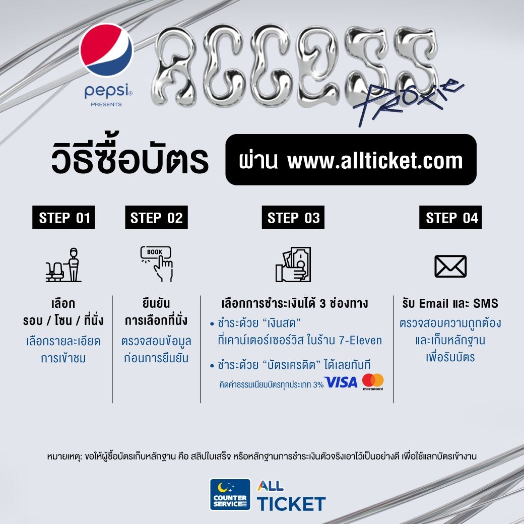 PROXIE_Official's tweet photo. PEPSI Presents 
PROXIE The 1st Concert "ACCESS"

วิธีการซื้อบัตรผ่านเคาน์เตอร์เซอร์วิสในร้าน 7-Eleven และเว็บไซต์ All Ticket รวมถึงวิธีการรับบัตร

เปิดจำหน่ายบัตรวันเสาร์ที่ 15 กรกฎาคม 2566 เวลา 10.00 น.
ทางเคาน์เตอร์เซอร์วิสในร้าน 7-Eleven ทุกสาขาและเว็บไซต์ All Ticket

รายละเอียดเพิ่มเติม
📌บัตรประเภทยืน (Standing) จะมีการเรียงลำดับในการเข้าคอนเสิร์ต โดยอ้างอิงจากการทำรายการซื้อสำเร็จหลังจากการชำระเงิน

📌1 บัตรประชาชน จำกัดการซื้อได้สูงสุด ไม่เกิน 4 ใบ ต่อรายการ(ไม่สามารถซื้อซ้ำได้) โดยจะมีระยะเวลา 30 นาทีในการชำระเงินทุกช่องทาง

📌ประตูเปิดเวลา 14.00 น. และเริ่มการแสดงเวลา 16.00 น.

#PROXIE_The1stConcert
#PROXIEth
#bROTHERSMUSIC