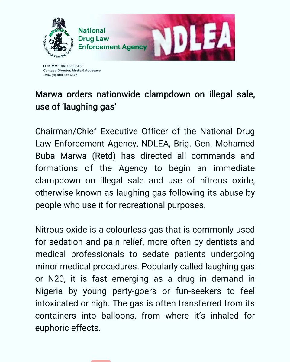 ndlea_nigeria's tweet photo. Marwa orders nationwide clampdown on illegal sale, use of ‘laughing gas’

Read more: https://t.co/ouiAifi5u5 https://t.co/mQVxM4O3vM