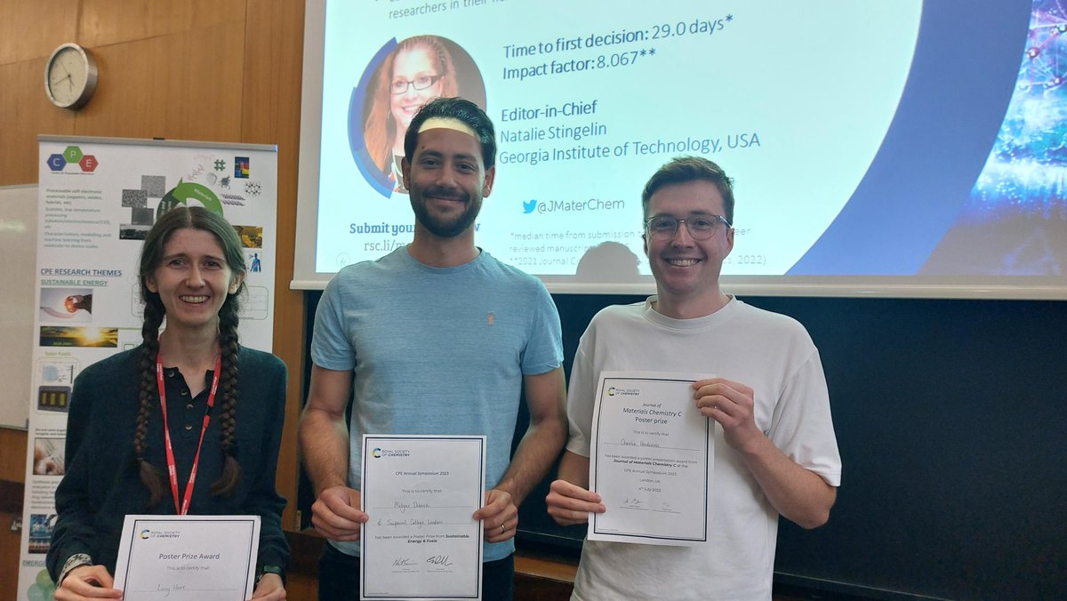 Congrats to our @RoySocChem poster prize winners Lucy Hart, Charlie Henderson and @DrDaboczi @Nano_Imperial @durrant_group at the CPE Annual Symposium last week!