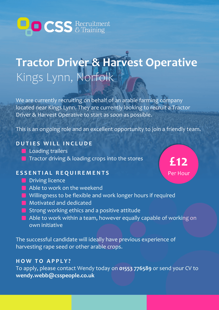 CssRecruitment1's tweet image. 𝐖𝐄&apos;𝐑𝐄 𝐑𝐄𝐂𝐑𝐔𝐈𝐓𝐈𝐍𝐆 🚨

👉 Tractor Driver &amp;amp; Harvest Operative
💷 £12 per hour
📍 Based in Kings Lynn, Norfolk

☎️ Please call us today on 01553 776589
📧 Or email wendy.webb@csspeople.co.uk

#Jobs #JobSearch #TractorDriver #HarvestOperative #NorfolkJobs