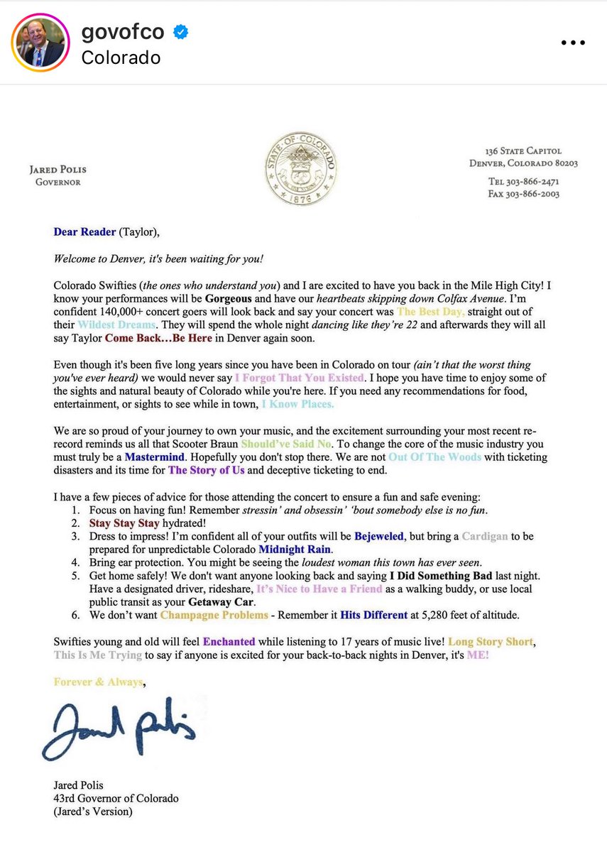 repchalamet's tweet photo. aw the governor of colorado wrote a cutie little letter for this weekend #DenverTSTheErasTour #TSTheErasTour https://t.co/4KUtahLLet