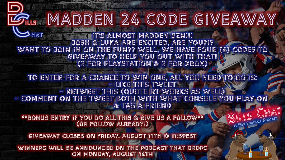 🚨🚨MADDEN 24 GIVEAWAY🚨🚨

As mentioned on this past Friday's Bills Chat LIVE, we are excited to be giving away a total of FOUR (4) copies for Madden 24!!

To enter for a chance to win:
1- LIKE this tweet
2- RETWEET this (Quote RT works also)
3- COMMENT your system of choice &amp;