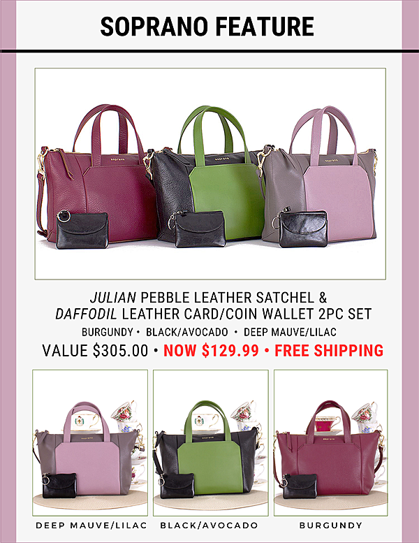 SopranoHandbags's tweet photo. SOPRANO FEATURE - The new JULIANE 100% Top Grain Leather Satchel/Shoulder Bag Convertible and HEATHER Leather Card/Coin Wallet 2pc set.
Burgundy, Black/Avocado, Deep Mauve/Lilac
Value $305.00.  Now $129.99 with Free Shipping.
Shop now >> https://t.co/SkzfrUr6fG https://t.co/u7ZArgwSX5