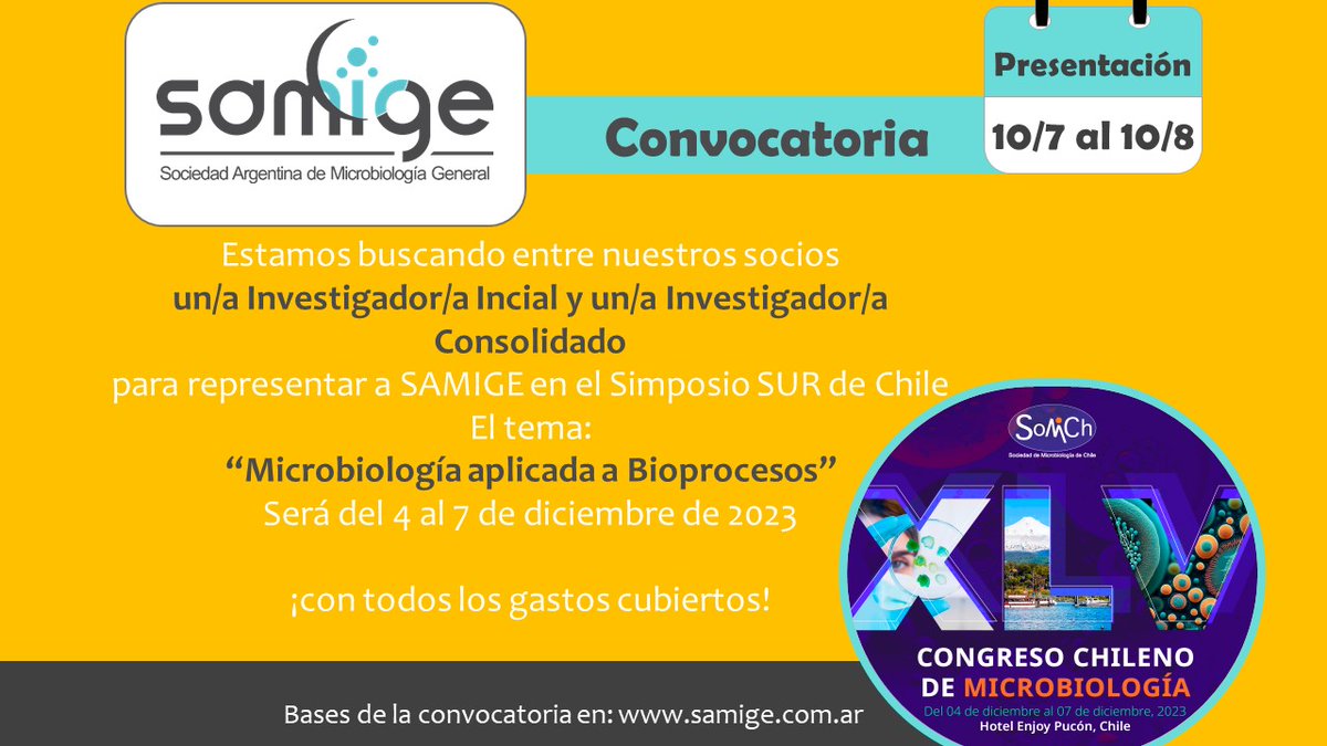 Sociedad Argentina de Microbiología General-SAMIGE (@argsamige) on Twitter photo ¿Querés ir con todo pago a Chile en la primera semana de diciembre? Buscamos dos conferencistas socios de SAMIGE que nos respesenten en el Congreso de <a href="/_SoMiCh/">Sociedad de Microbiología de Chile</a> . 👇 ¿Querés ir con todo pago a Chile en la primera semana de diciembre? Buscamos dos conferencistas socios de SAMIGE que nos respesenten en el Congreso de <a href="/_SoMiCh/">Sociedad de Microbiología de Chile</a> . 👇