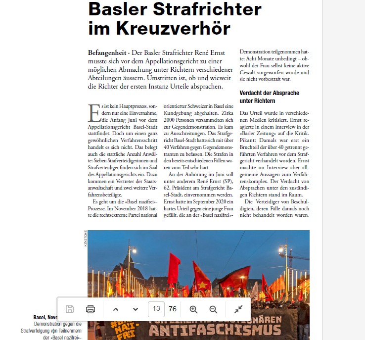 bro_zh's tweet photo. «Die Formulierung ‹Beschlüsse› war idiotisch, ich nahm das nicht ernst.» - Wie der Basler Strafrichter René Ernst an der Anhörung zu den umstrittenen #baselnazifrei-Protokollen unter Druck kam. -> plädoyer 4/23 https://t.co/kUFulDt0Ht