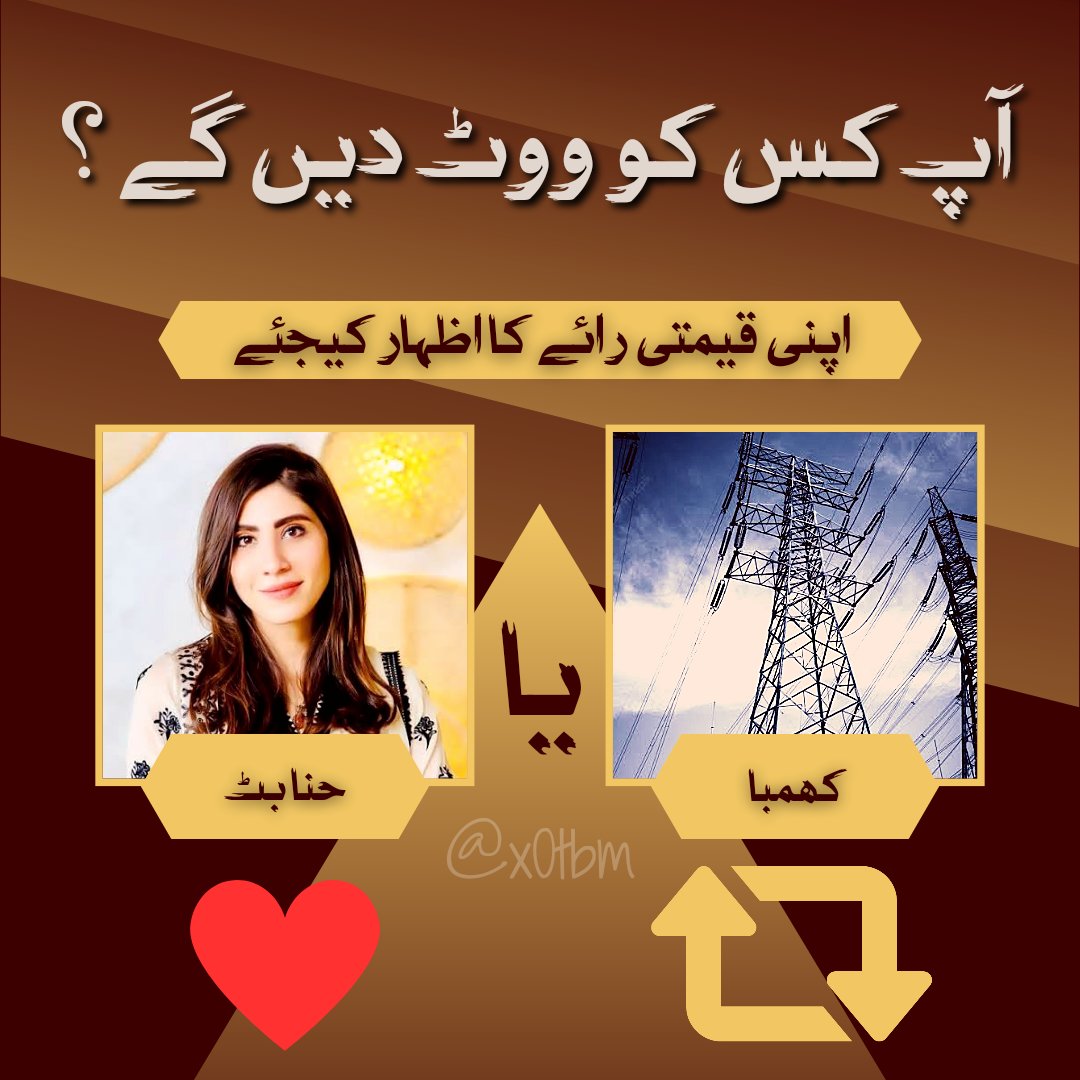 bushra_ik's tweet photo. عمران خان اگر حنا بٹ کے مقابلے میں کھمبے کو ٹکٹ دے، تو آپ کس امیدوار کو ووٹ دیں گے۔

حنا بٹ ❤️
کھمبا ♻️

#عوامی_رائے_کا_احترام_کریں https://t.co/88DMksvhc0