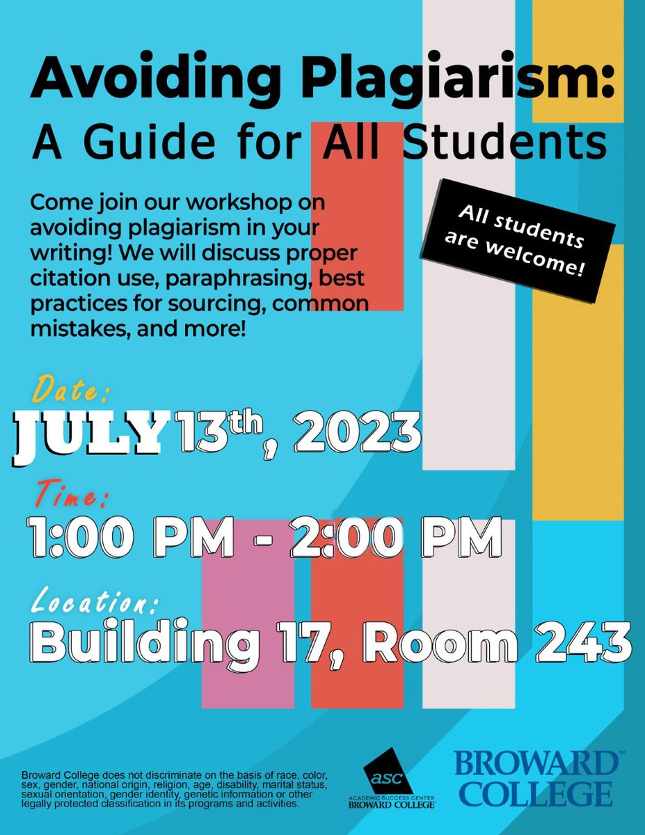 bc_asc's tweet photo. The Writing Center is hosting this informative plagiarism workshop July 13 at 1:00PM
Academic Success Centers
https://t.co/sDSpHmmzjM
Tutoring appointments
https://t.co/z4xEREPlGr
Central ASC
https://t.co/Rx7d4lE9uA https://t.co/Z76dWtUM3q