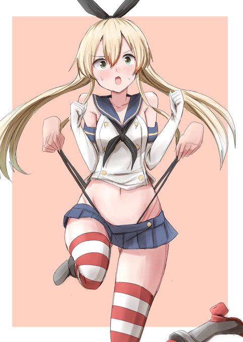 お題のパンツの両サイドを思いっきり引っ張り上げられて宙に持ち上げられる島風です。 