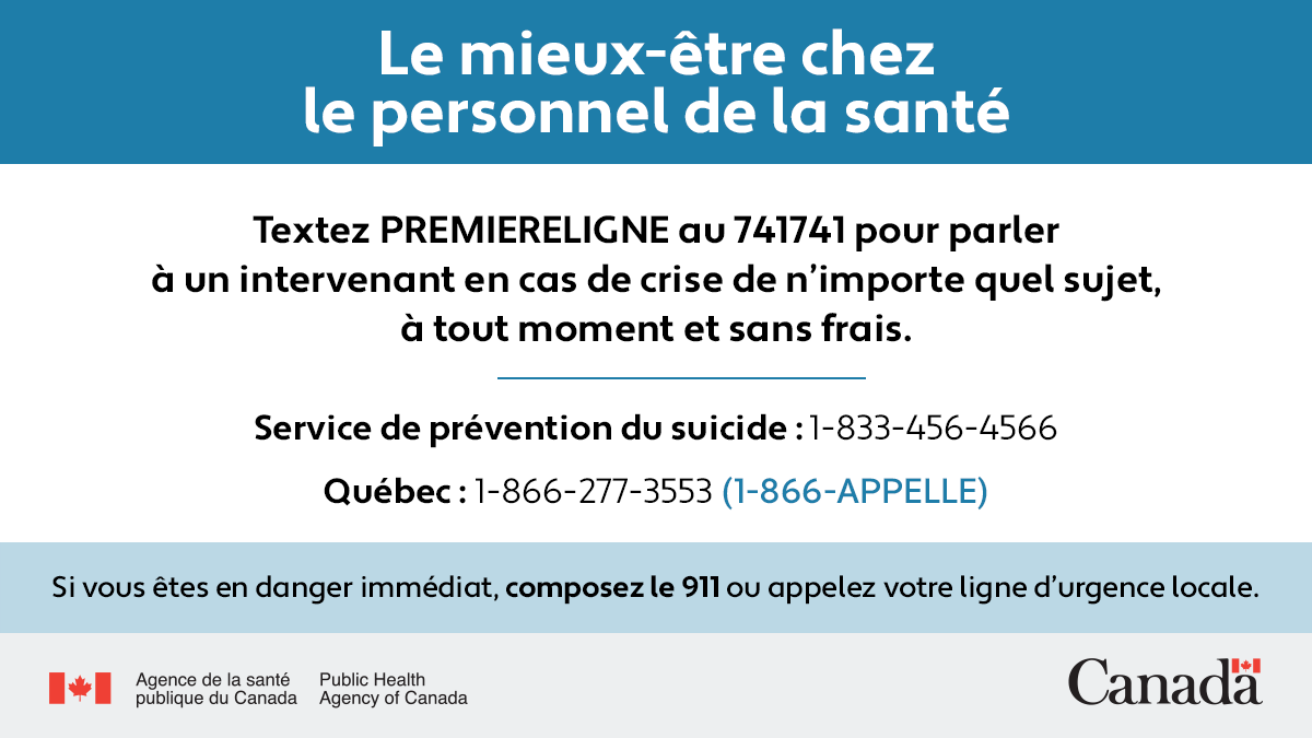 ACSP_Canada's tweet photo. Travailler dans le domaine de la santé est exigeant. Il est important de privilégier votre bien-être pour vous et ceux dont vous vous occupez. Besoin d’un soutien immédiat? Vous pouvez parler à des intervenants en cas de crise sans frais en tout temps.  https://t.co/GZeQlwPpmD https://t.co/OkHe0MYVP5