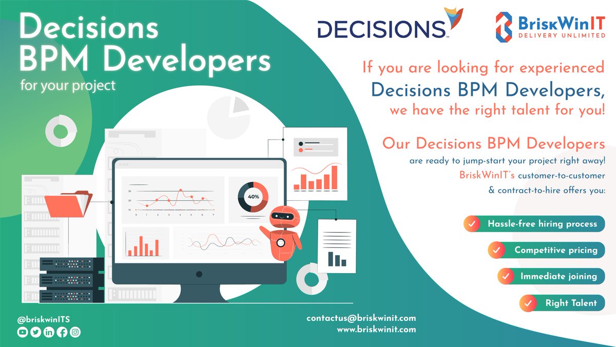 Decisions BPM Developers!
 
We welcome you to work with our experts to achieve your business goal through our smooth and cost-effective talent acquisition services.

#DecisionsBPMDevelopers #TalenAcquisition #C2H #C2C #BriskWinIT #ITServices #Hiring #RightTalent