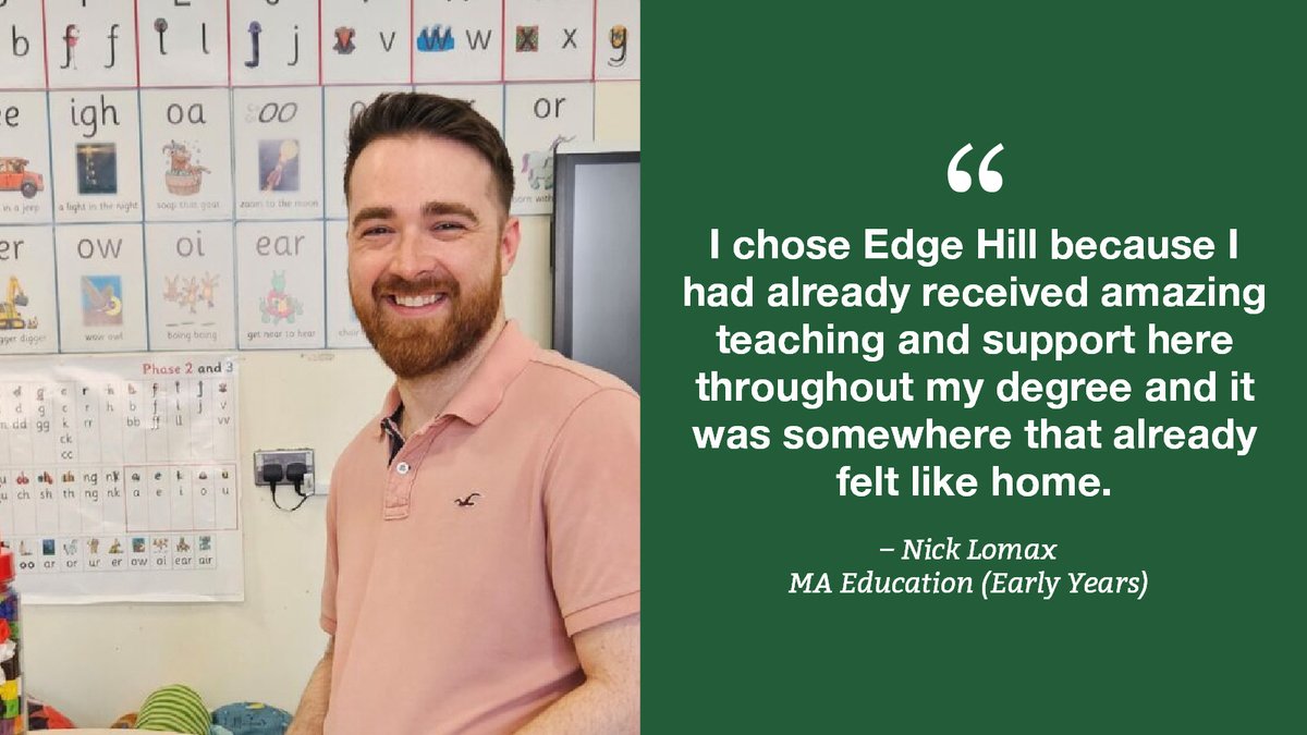 EHU_FOE's tweet image. Nick graduated from @edgehill with a primary teaching degree in 2017 and is now studying on our MA Education (Early Years) course. Read about Nick's MA #Education journey here tinyurl.com/a229czkj For more info on the MA pathways visit  ehu.ac.uk/macourses @ChrisLewisEhu