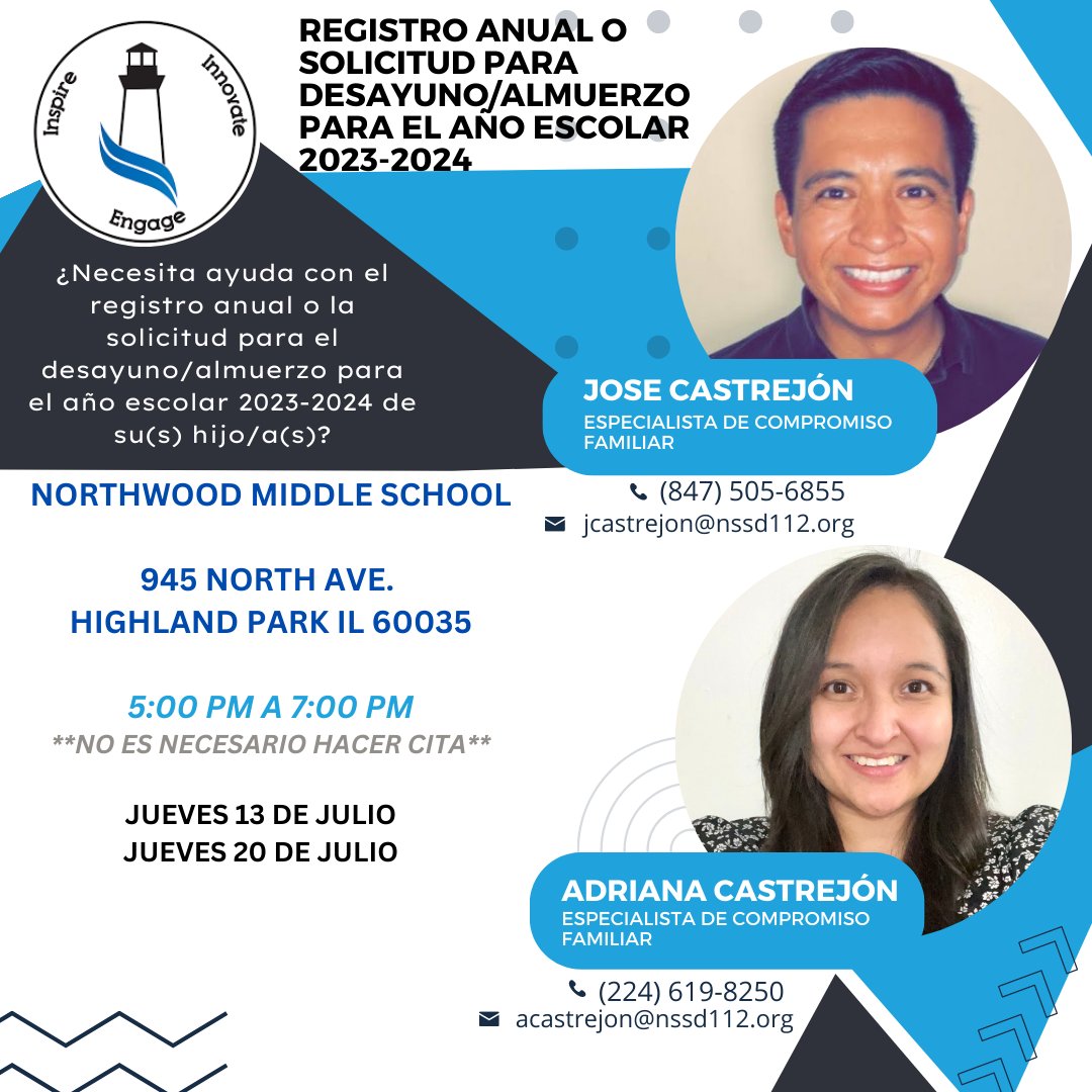 Do you need help with registration or a breakfast/lunch application for the 2023-2024 school year? Come by Northwood Middle School from 5 to 7 p.m. on Thursday, July 13 or Thursday, July 20 for in-person assistance. No appointment is necessary.