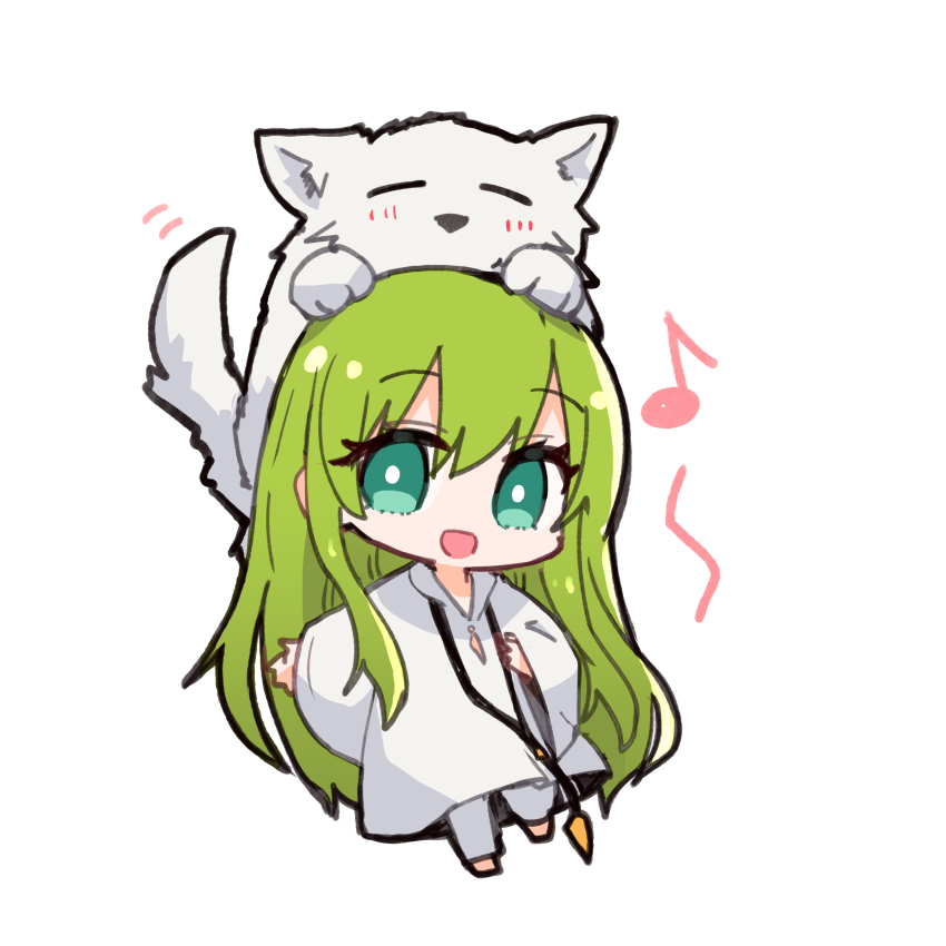 enkidu (fate) green hair long hair green eyes chibi 1other smile white background  illustration images