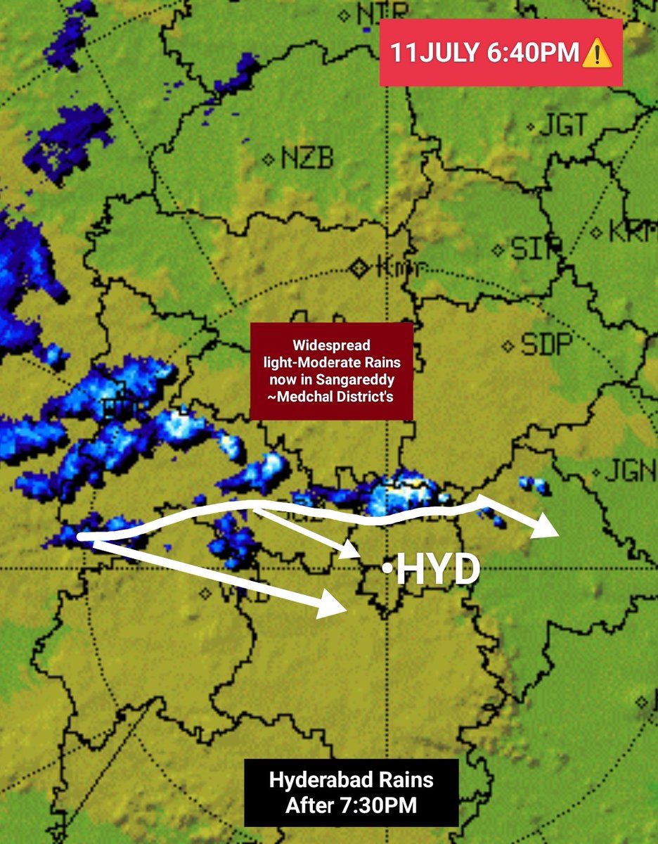 #11JULY 6:40PM⚠️

Widespread light-Moderate now in #Sangareddy ~#Medchal District's 🌧️

Slowly Conditions Changing now in #Hyderabad, Light -Moderate Rains expected after 7:30PM.

#HyderabadRains