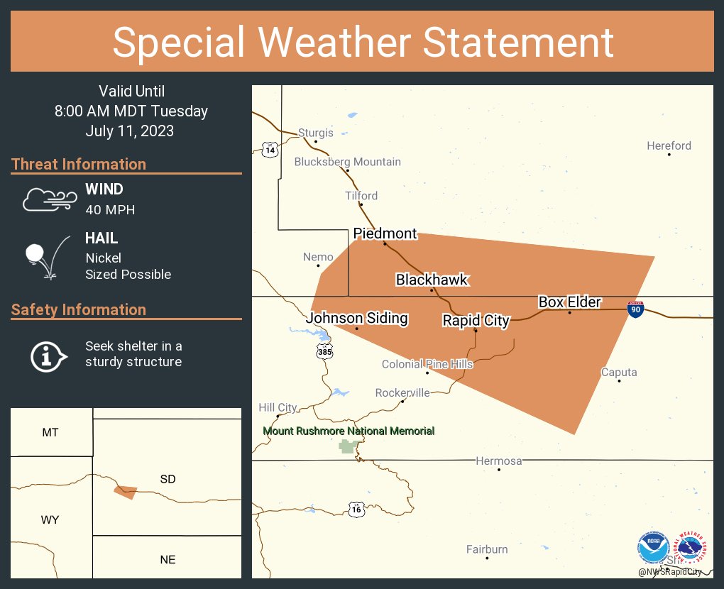 A special weather statement has been issued for Rapid City SD, Rapid Valley SD and  Box Elder SD until 8:00 AM MDT