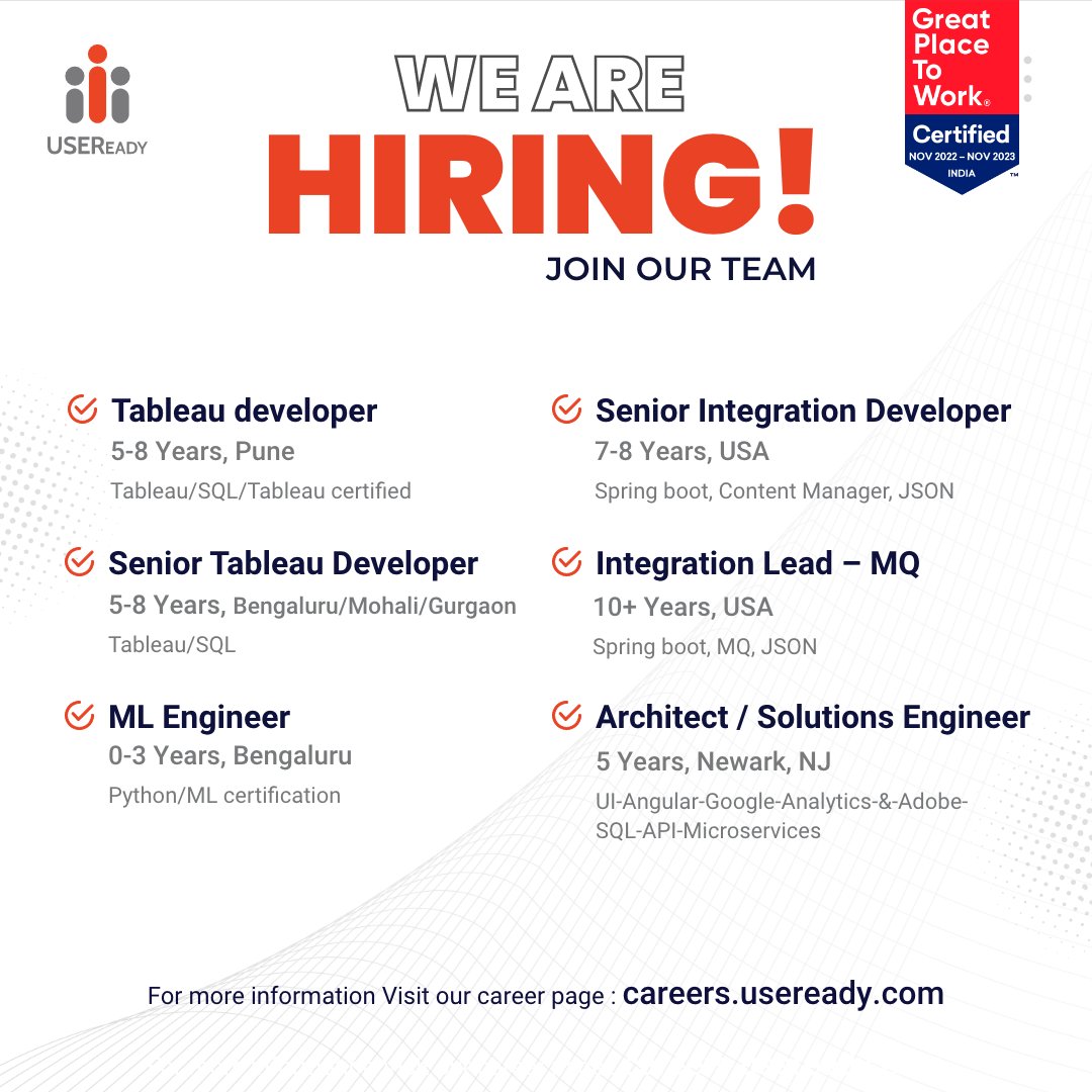 Join our team and unleash your potential in the world of data analytics and technology.

Visit the career page to submit your application - hubs.ly/Q01Xhd4B0

#Hiring #Tableau #SQL #tableaudeveloper #CRM #Python #Django #Microservices #AWS #Salesforce #Marketingcloud #JSON