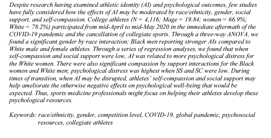JIIAJournal's tweet photo. New article!

Athletic Identity and Psychological Distress: The Moderating Roles of Social Support and Self-Compassion

Carmyn Hayes, Trent Petrie @TravelsWTrent, &amp; Whitney Moore @ewgm10 

https://t.co/92kiTw6iSG https://t.co/eKlREP1b4T
