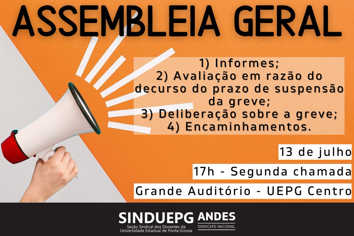 sinduepg's tweet photo. Sinduepg convoca os docentes para Assembleia Geral Extraordinária, a ser realizada no Grande Auditório (UEPG Centro), dia 13 de julho de 2023, às 16h30, em primeira chamada, e 17h, em segunda chamada, com qualquer quórum.
Confira a convocatória em: https://t.co/j23iKNGspD https://t.co/lt5OnNncre