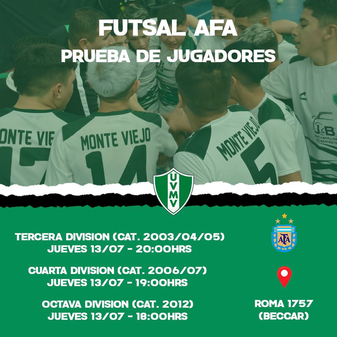 #FutsalAFA ¡Prueba de jugadores!

AFA habilitó dos fichajes por categoría y es por eso que El Verde estará probando jugadores en tercera, cuarta y octava división el día jueves. Súmate al más grande! 

#VamosQueVamos #UVMV2023