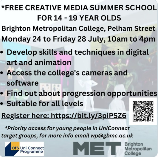 Please share with any students who may be interested 🙏 

FREE CREATIVE MEDIA SUMMER SCHOOL @BrightonMETcoll 

Monday 24 to Friday 28 July, 10am to 4pm 👇