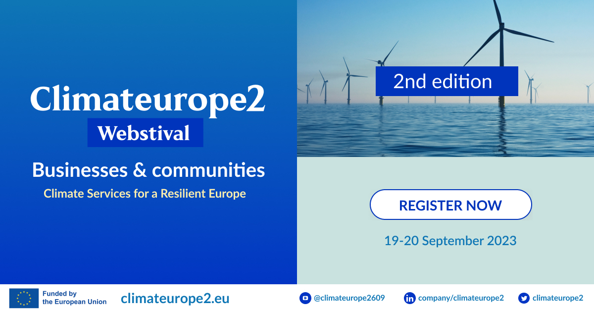 📢 Exciting Announcement! Join us at the second edition of the @climateurope2 #Webstival, where we will explore the transformative power of #ClimateServices and dedicated solutions in Europe. 🗓️ 19-20 September 2023 🚀 Register now: bit.ly/3XO889x