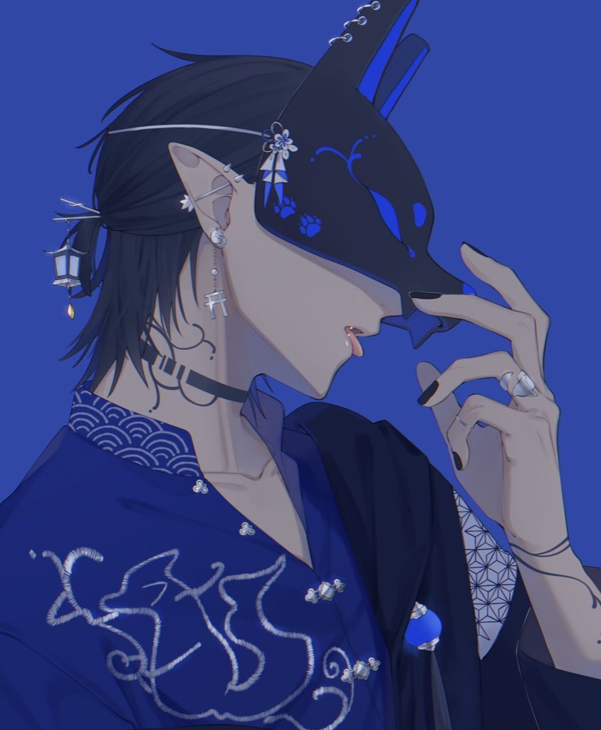 1boy male focus black nails solo jewelry mask pointy ears  illustration images