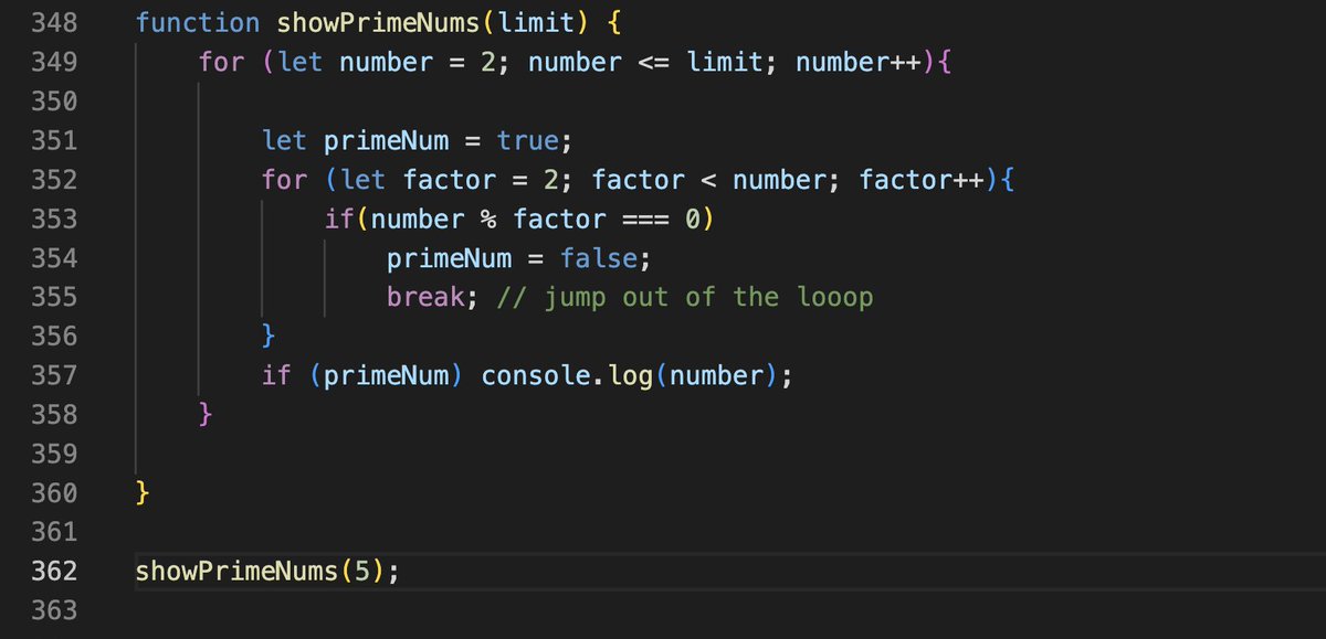 bhavprajapati's tweet image. #learningJS #learningCode #javascript
This coding problem really bothered me. Mostly because I haven't played around with prime numbers. I had to look up the answer. Will revisit it. Key lessons
- You can also nest a for loop in a for loop
- Try to draw out the process as a…