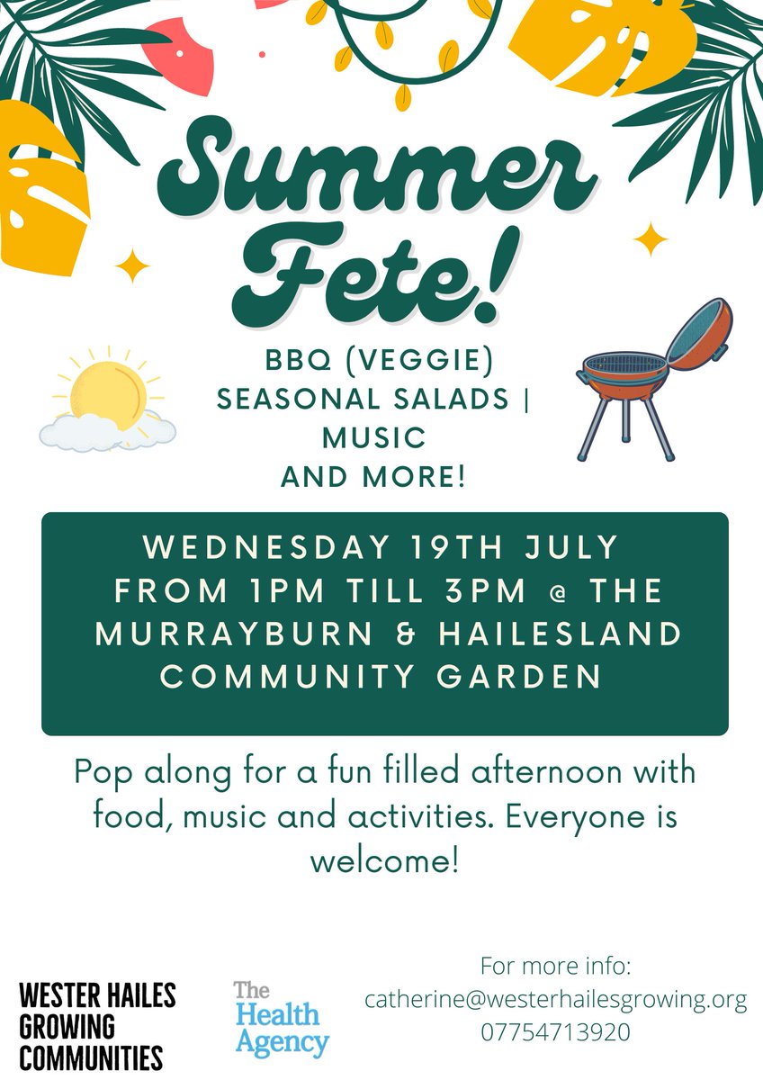 Next Wednesday @WHGrowers and <a href="/TheHealthAgency/">The Health Agency Wester Hailes</a> are hosting a Summer Fete at the Murrayburn and Hailesland Garden. 

Pop along for a lovely afternoon of good food, music and activities. 

🌻☀️✨