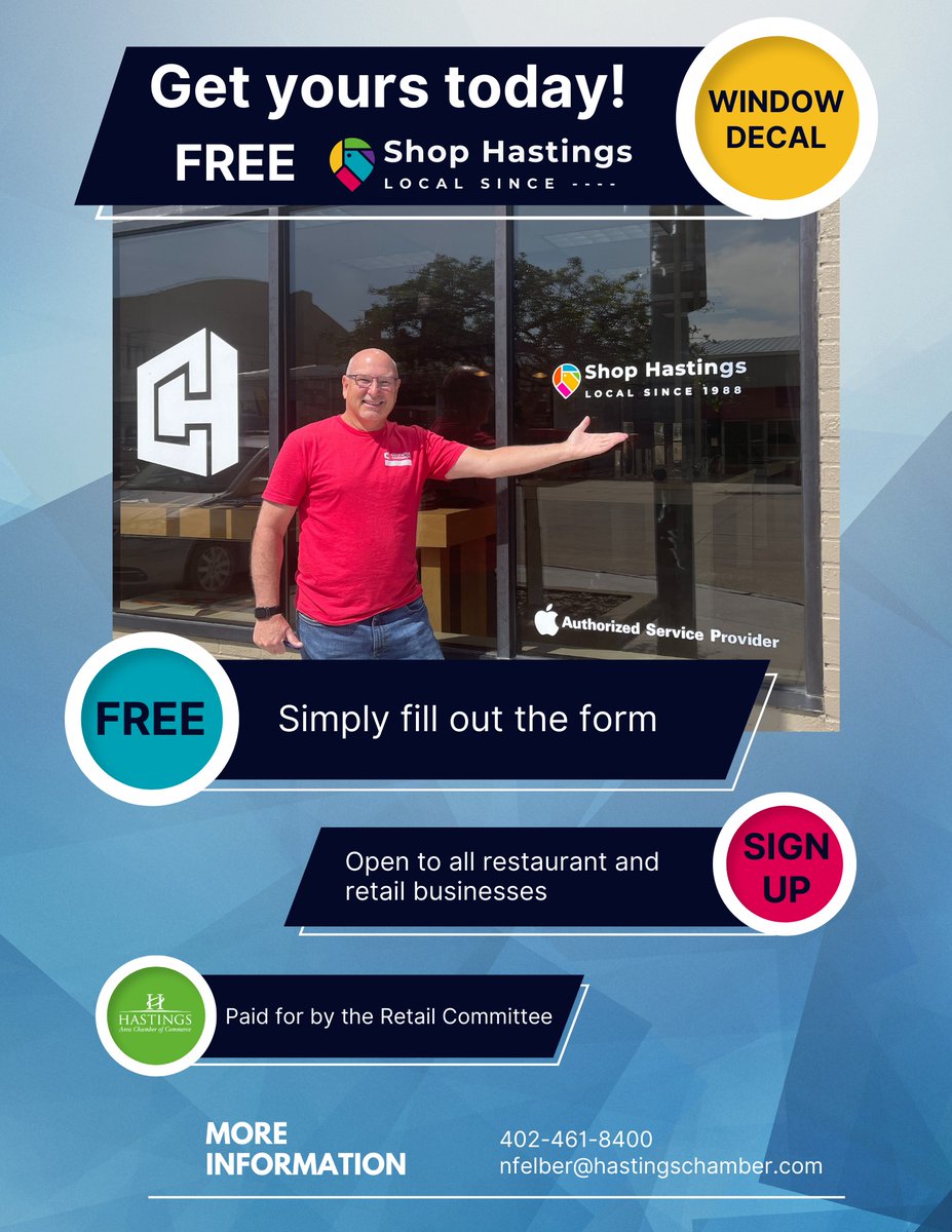 The Retail Committee is offering a free Shop Local Since... decal to businesses. Fill out the form today to receive your free decal &amp; join the movement to keep our community thriving.
forms.gle/NHie6Au8TSCNxs…
**Chamber membership is not required to receive window vinyl.