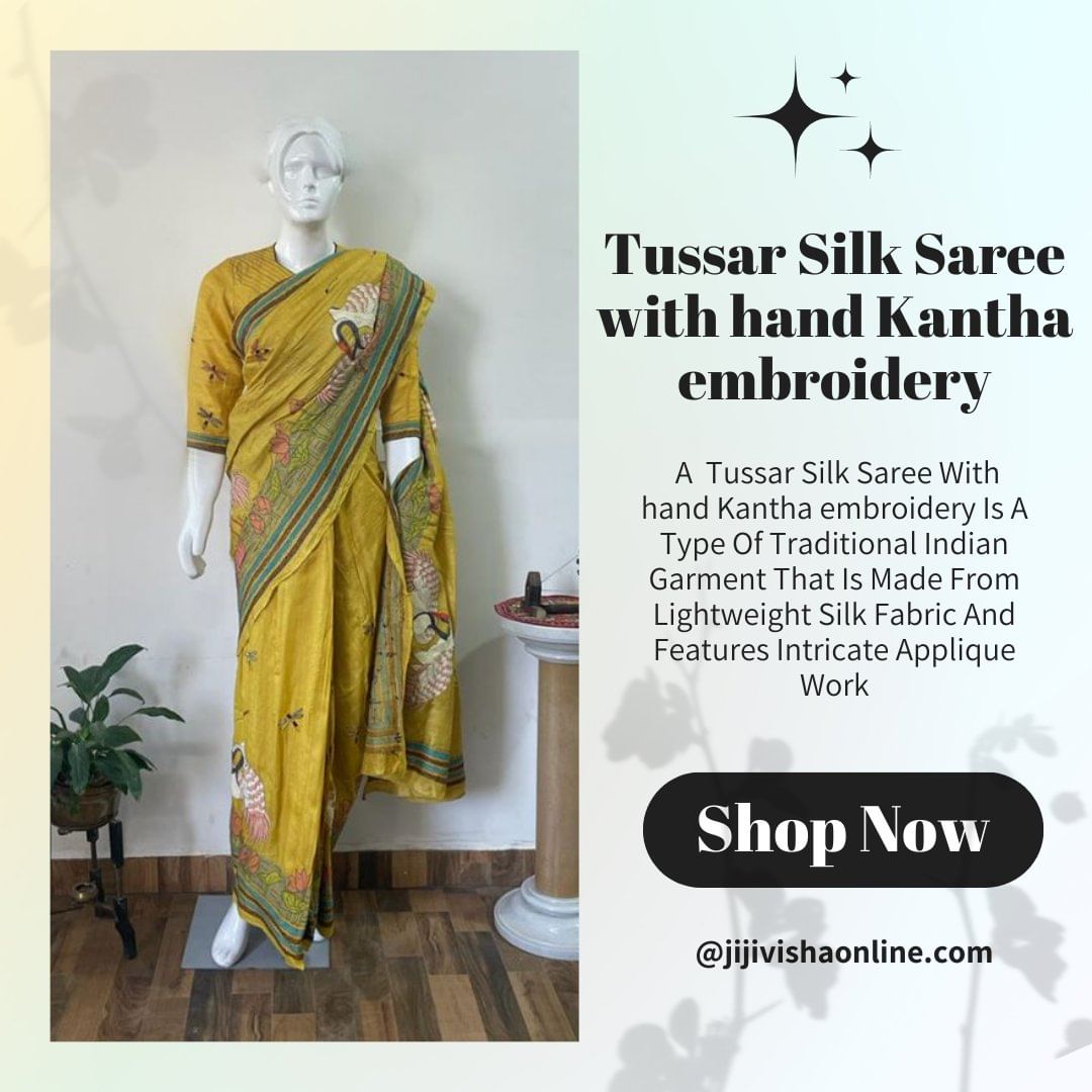 Spice up your look with this Mustard coloured Tussar silk saree with hand Kantha embroidery. This saree is made from Tussar silk, a natural and breathable fabric that is soft and gentle on the skin. 

#tussarsilk #tussarsilksaree #kanthastitch #kanthaembroidery #handicraft
