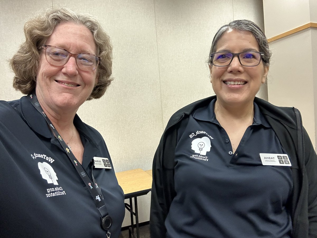 Ready for day 2 of our #CSDiscoveries #teachcode training. @SmileyBantam and I have been training together for so many years we even wear the same shirts without prior planning! @weteachcs @ESCRegion20