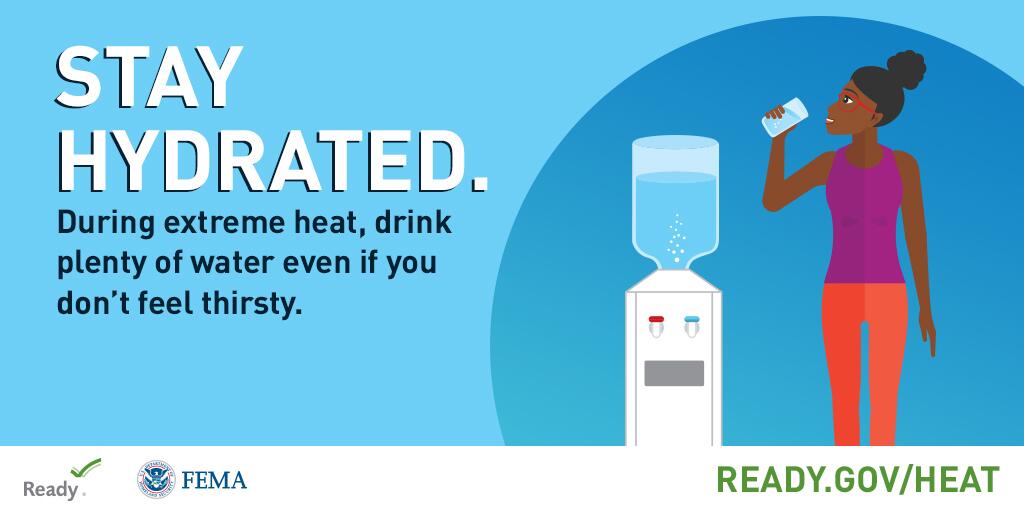 Stay safe if your area is being affected by the heat wave! Avoid high-energy activities or outdoor work during the midday heat and stay hydrated to avoid dehydration &amp; other heat-related illnesses like heat exhaustion &amp; heatstroke.

For more tips, visit: ready.gov/summer-ready