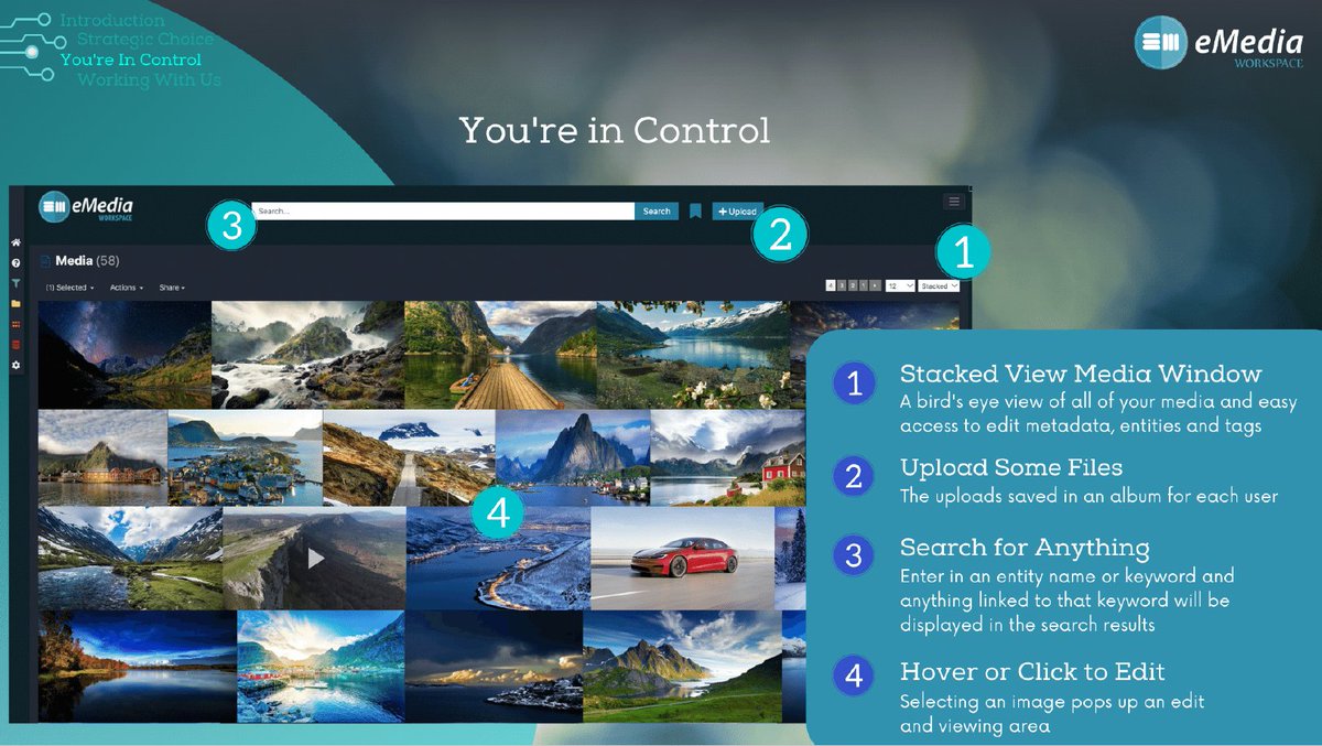 eMediaFinder's tweet image. With our newest version eMediaworkspace you are in control.  There is a bird's eye view of all your media - -Upload files to an album 
Search for al keywords
Media is easy to click and edit 

#damsolution #damsoftware #digitalassets #digitalassetmanagement #digitalasset #mam