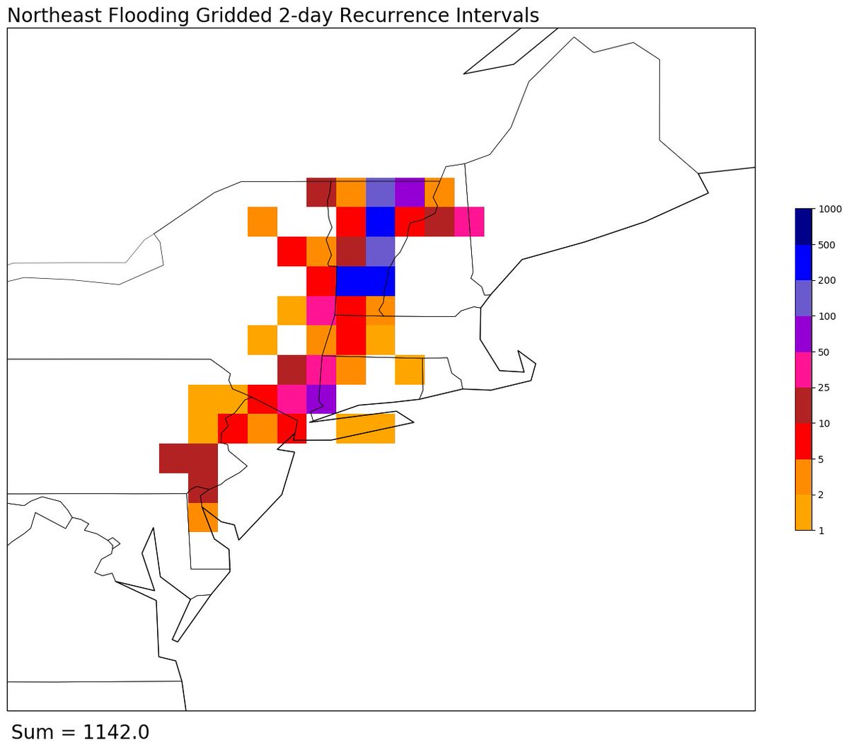 Jacob_Feuer's tweet photo. I've plotted the rain totals and average recurrence intervals (ARIs) of the astonishing storm that's continuing to cause severe flood impacts across the Northeast. 

In Vermont, this was a widespread 50 to 200+ year rain event. https://t.co/2heqzfXgxb