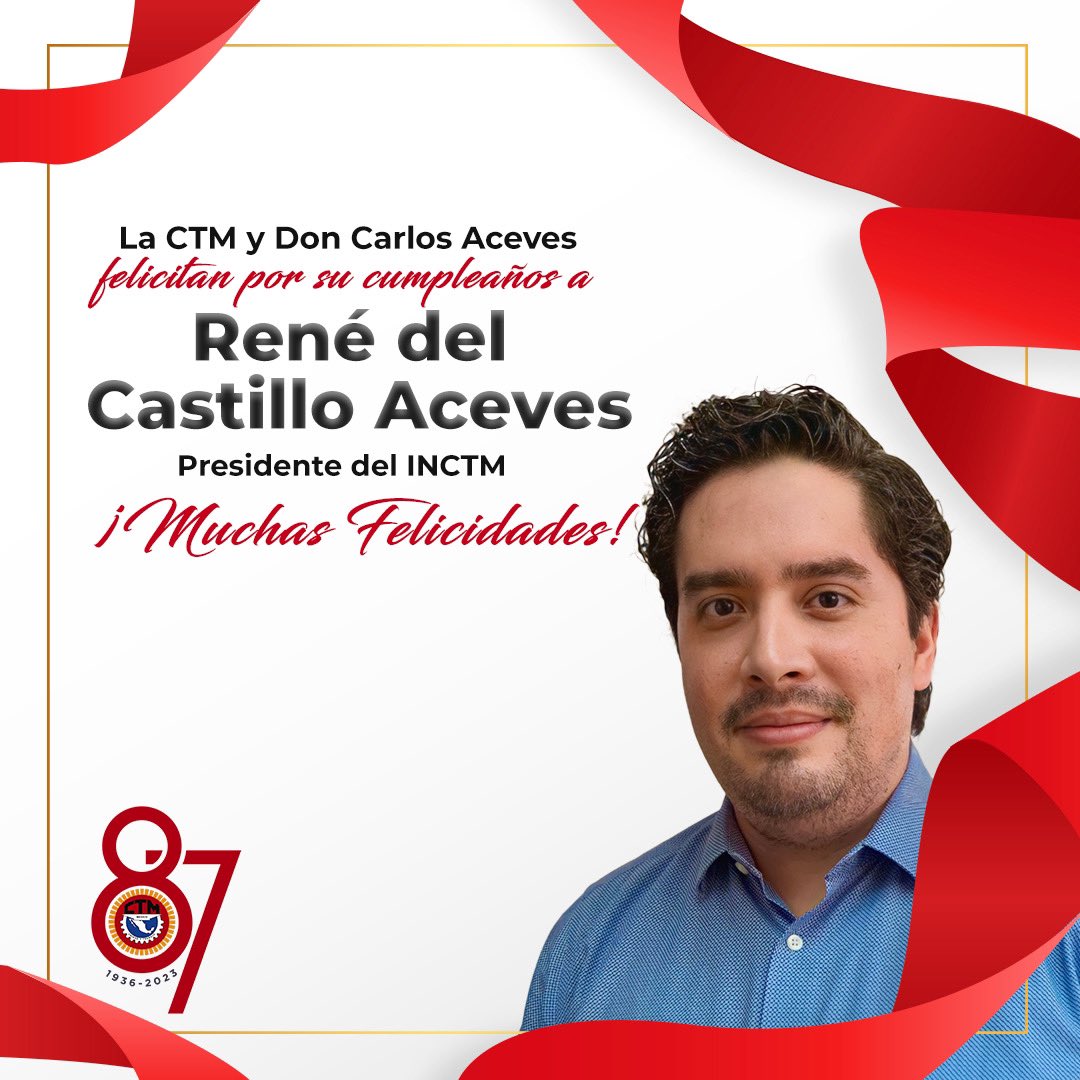 De parte de la familia cetemista y el Comité Nacional, felicitamos por su cumpleaños a René <a href="/DelCas_Aceves/">René del Castillo Aceves</a>, Presidente del <a href="/INCTM_MX/">Instituto de Innovación e Investigación (INCTM)</a>. 

¡Deseamos que pase un excelente día en compañía de su familia y seres queridos!