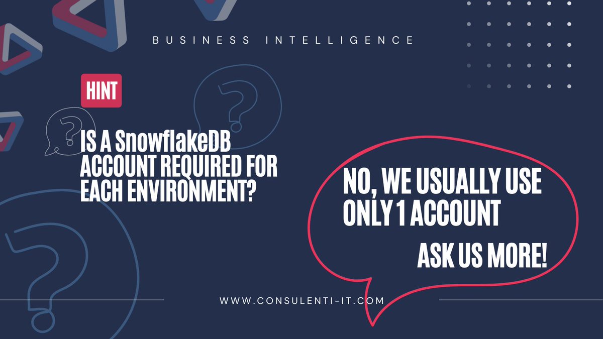 Consulenti_IT's tweet photo. Is a @SnowflakeDB account required for each environment (development/QA/production)?

No, we usually use only 1 account! ❄️ 

#DataCloud #DataEngineering #DataScience #CloudDataWarehouse #Tip https://t.co/KT2tVBg2eF