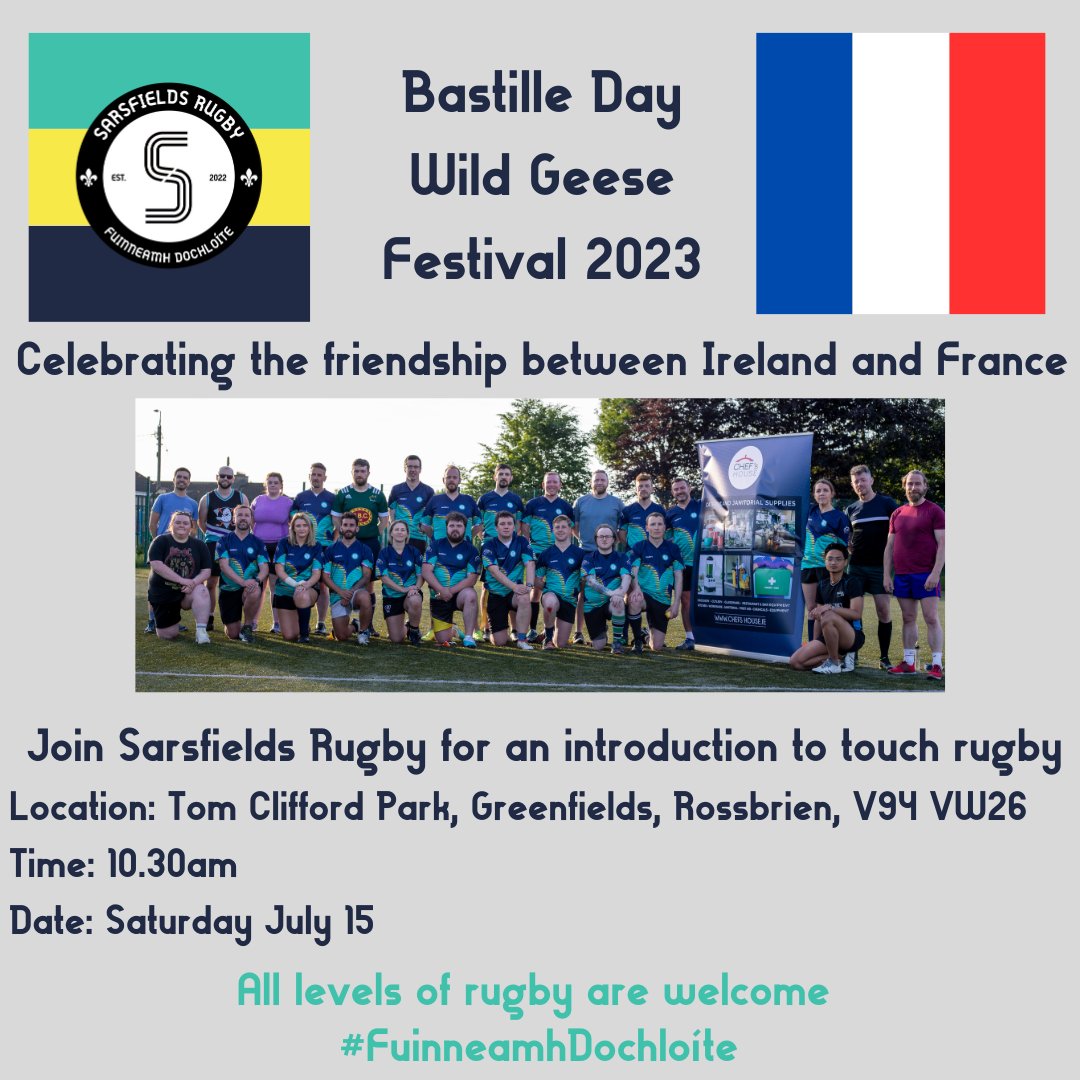 We are delighted to take part in the year's <a href="/LimerickWild/">Limerick Wild Geese Festival</a>

 🇨🇵 🏳️‍🌈 🇨🇵

Join us for an introduction into touch rugby

📍Tom Clifford Park, Greenfield, Rossbrien, V94 VW26

📅 Saturday, July 15

⏰️ 10.30am

All levels of rugby are welcome !!

#FuinneamhDochloíte⚜️
<a href="/france_midwest/">Honorary Consul of France, Limerick 🇮🇪🇫🇷🇪🇺</a>