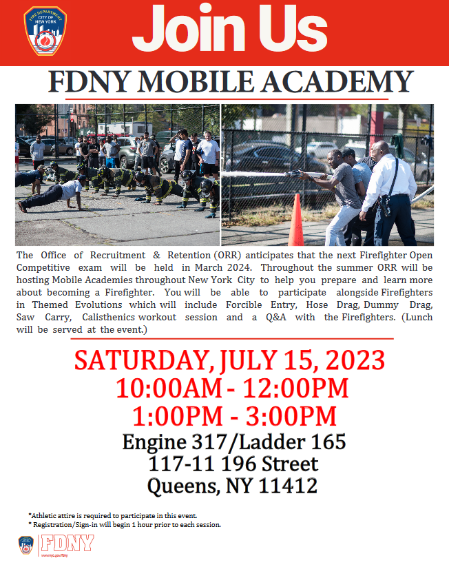 joinFDNY's tweet photo. Join us this Saturday at #Engine317 and #Ladder165 in #StAlbans and participate in a series of themed evolutions alongside New York City’s Bravest at the FDNY Mobile Academy hosted by the Office of Recruitment & Retention.
For more information, call us at 718-999-FDNY (3369). https://t.co/HCKiU7DdmI