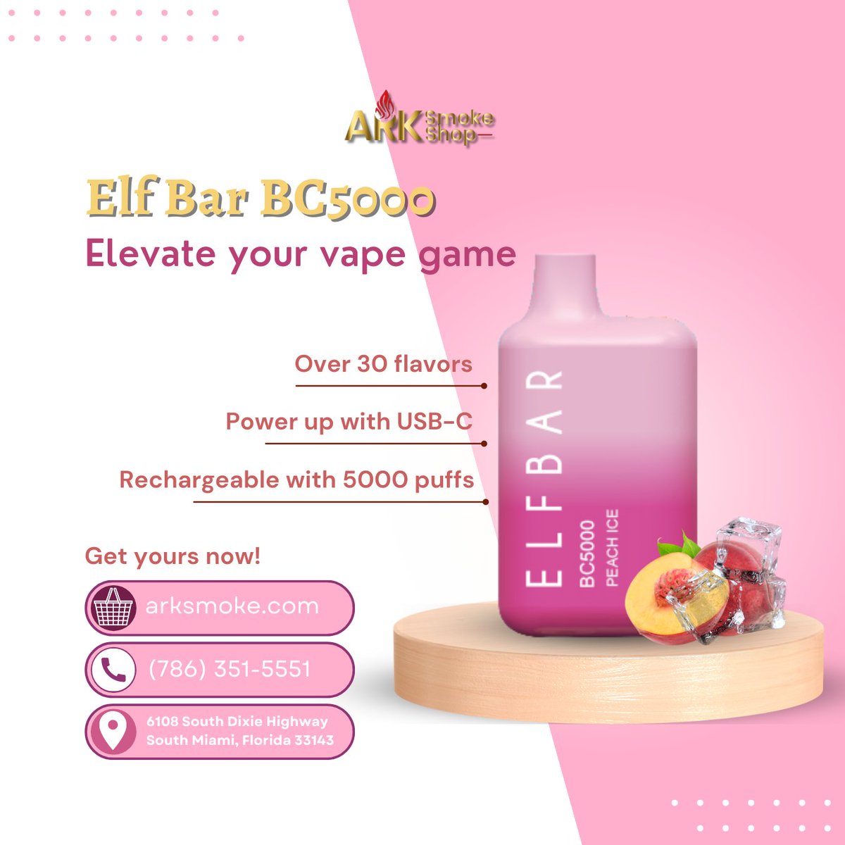 Introducing the mouthwatering Elf Bar in peached flavor! 🍑🔋 Get ready for an unforgettable vaping experience with 5,000 puffs of pure peachy bliss. 
💡 Say goodbye to disposable hassle⚡️💯

#ArksmokeShop #VapeWithFlavor #ElfBarPeached #30FlavorsToChooseFrom #RechargeableVape