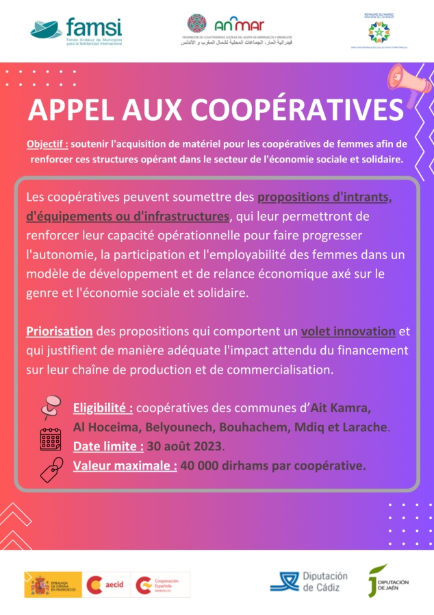 AnmarFederation's tweet photo. 📢Appel aux coopératives de femmes.
👉Fonds d’investissement pour l’acquisition d’intrants, équipements et infrastructures:
🔎https://t.co/2zH2fwxsmu
ℹ️ Financé par @AECID_es , et les provinces de Jaén et Cadix; mis en place par @FAMSI_Solidario avec #ANMAR et la #DGCT. https://t.co/zHDwAYskau