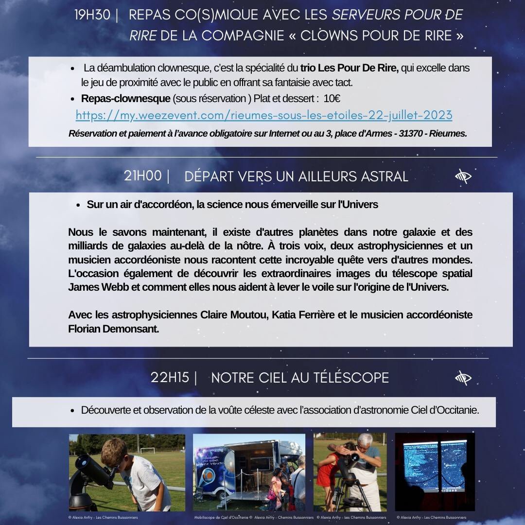 Les Chemins Buissonniers (@les_chemins) on Twitter photo 🔭 Samedi 22 juillet 2023, de 17h00 à 00h00, venez assister au festival Rieumes Sous Les Étoiles ! Un événement à partager en famille ou entre ami·e·s !
✨Restauration sur place sur réservation (10€) : my.weezevent.com/rieumes-sous-l…
✨ Infos : lescheminsbuissonniers.wordpress.com/rieumes-sous-l…
#astronomie 🔭 Samedi 22 juillet 2023, de 17h00 à 00h00, venez assister au festival Rieumes Sous Les Étoiles ! Un événement à partager en famille ou entre ami·e·s !
✨Restauration sur place sur réservation (10€) : my.weezevent.com/rieumes-sous-l…
✨ Infos : lescheminsbuissonniers.wordpress.com/rieumes-sous-l…
#astronomie