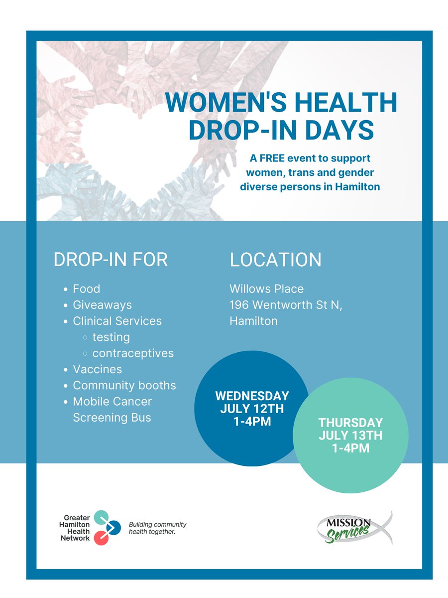 Visit us at Willows Place for Women's Health Drop-in Days this week. This is a free event that provides support and resources to women, trans, and gender-diverse persons in Hamilton.