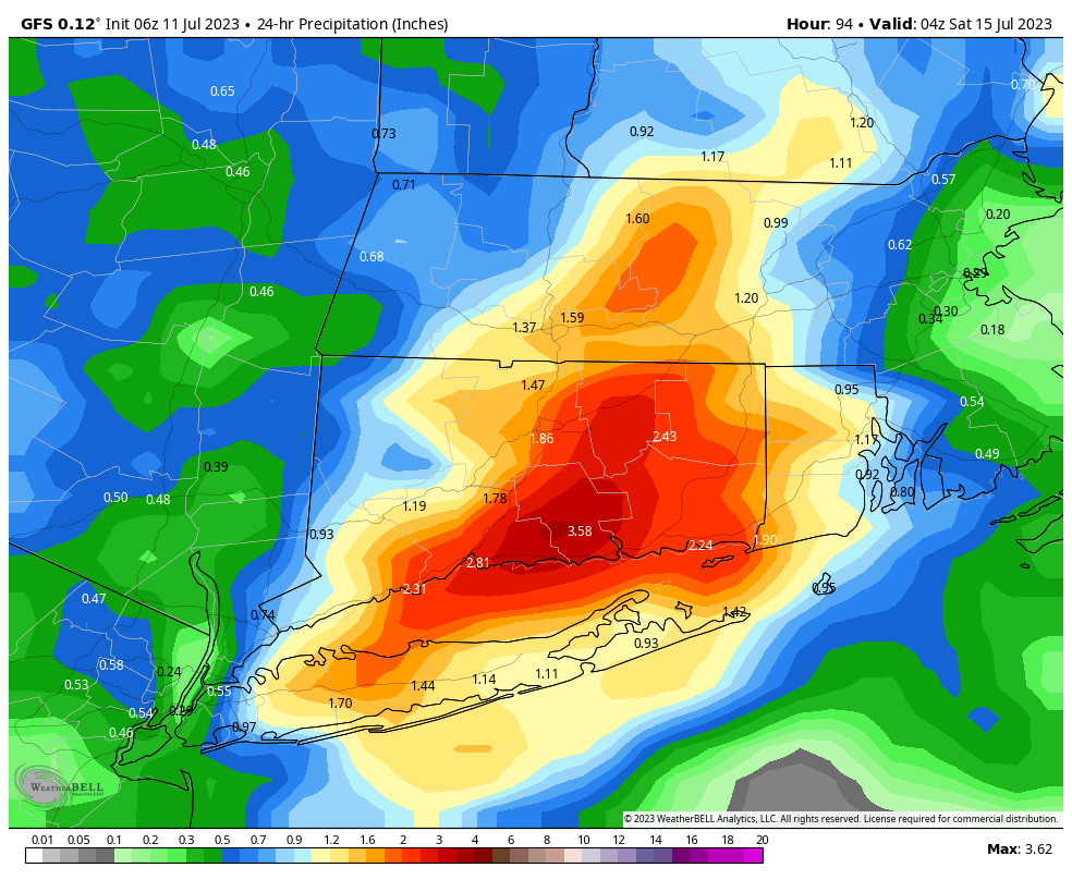 gilsimmons's tweet image. The GFS is hinting at what the @NWSWPC has latched on to for the excessive rainfall outlook! These 24 hour forecast rain amounts are from this coming Thursday night to Friday night! #watching #4daysout #staytuned