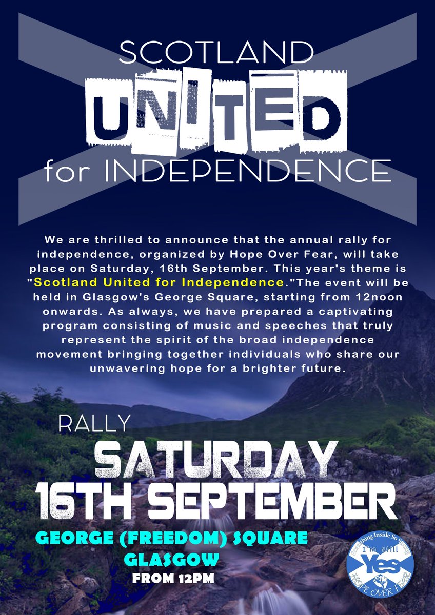 citizentommy's tweet photo. 16th September in Glasgow from 12noon. Share, share and share again. Let's fill the Square with hope over fear united for a new and better independent Scotland 🏴󠁧󠁢󠁳󠁣󠁴󠁿 https://t.co/EHrwpxkuPi