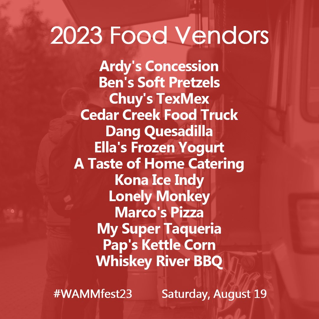 🍕🥨 Food vendors that will be serving your favorites at WAMMfest! 🍔🍴

🎟️ $15 Early Bird tickets through July 31 wammfest.com/tickets

#Wine #Art #Music #Microbrew #SertomaClubOfGreenwood #FestCountryIN #GivingBack #GivingBackToOurCommunity #Sertoma #WAMMfest23