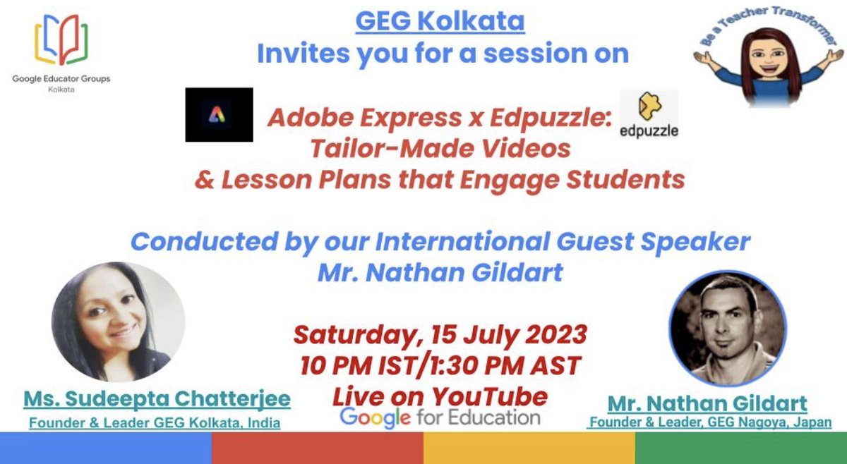 Nate Gildart (@nathangildart) on Twitter photo Can't wait to join my partner in EDU crime <a href="/GEGKolkataINDIA/">Sudeepta GEG Kolkata</a> and GEG Kolkata for an overview session on making simple yet impactful videos with <a href="/AdobeExpress/">Adobe Express</a> and then a video-based lesson plan / activity with <a href="/edpuzzle/">Edpuzzle</a>. Find us on YouTube! July 15.
youtube.com/live/Tc4FiXGbvโฆ Can't wait to join my partner in EDU crime <a href="/GEGKolkataINDIA/">Sudeepta GEG Kolkata</a> and GEG Kolkata for an overview session on making simple yet impactful videos with <a href="/AdobeExpress/">Adobe Express</a> and then a video-based lesson plan / activity with <a href="/edpuzzle/">Edpuzzle</a>. Find us on YouTube! July 15.
youtube.com/live/Tc4FiXGbvโฆ