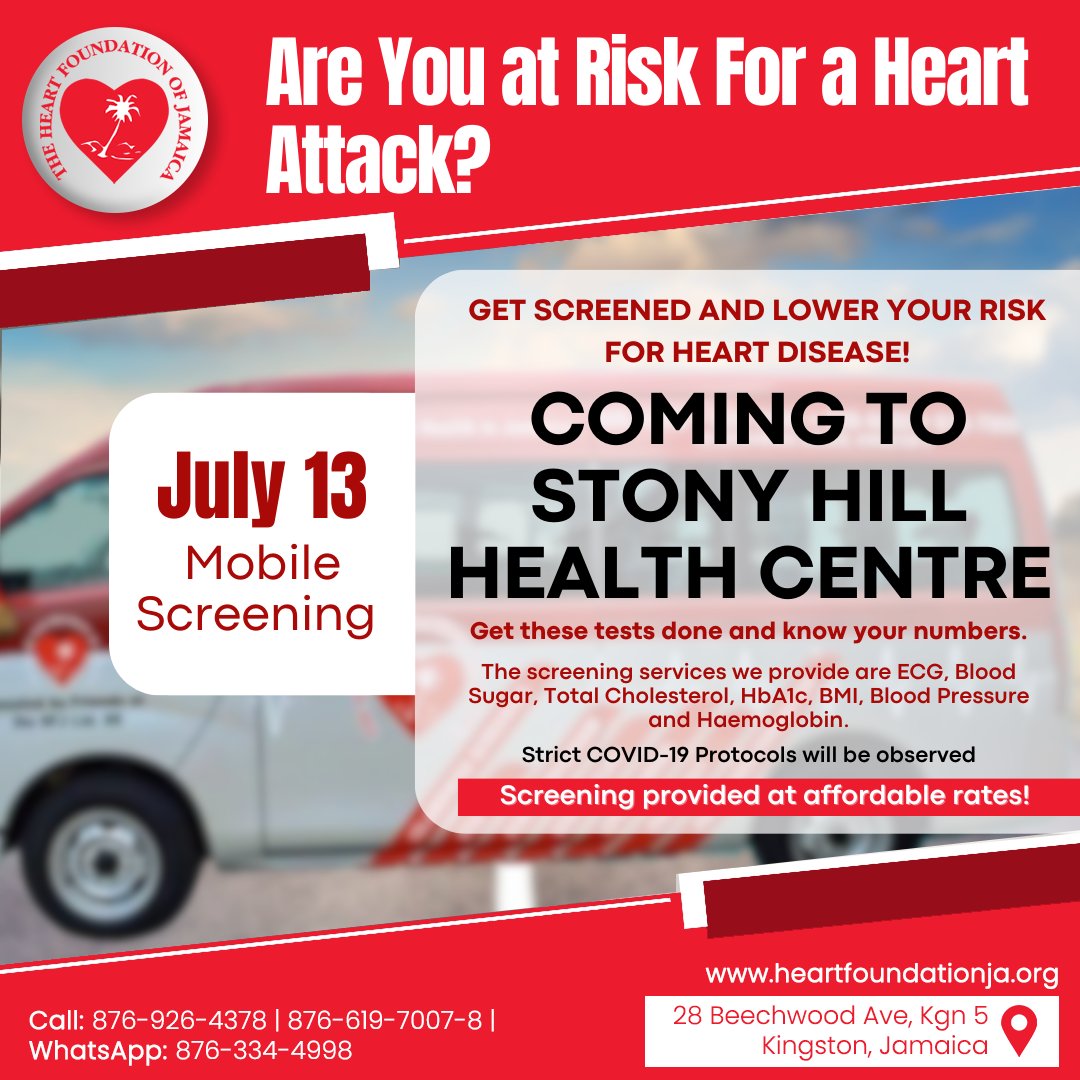 heartjamaica's tweet image. Get screened, stay healthy! The mobile screening unit is coming to Stony Hill Health Centre

#MobileScreening #HealthyHeart #HealthyLife