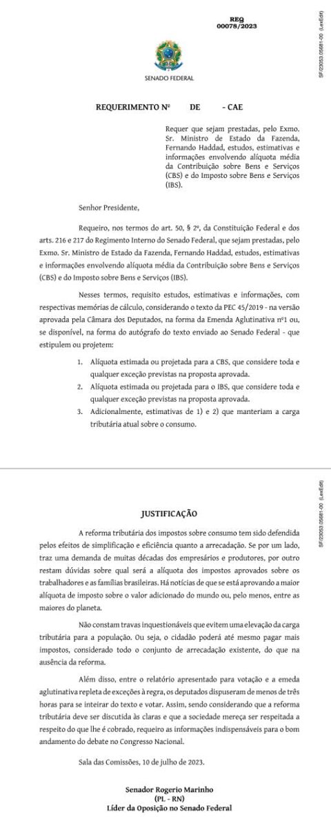 rogeriosmarinho's tweet photo. A Comissão de Assuntos Econômicos (CAE) do Senado aprovou hoje dois requerimentos que apresentamos. Esses requerimentos solicitam aos ministros @Haddad_Fernando e @simonetebetbr informações detalhadas sobre a alíquota média da Contribuição sobre Bens e Serviços (CBS) e do Imposto sobre Bens e Serviços (IBS) no contexto da reforma tributária, bem como estimativas da carga tributária sobre o consumo.

Essa aprovação é um passo crucial para garantir a transparência e o debate sobre a reforma tributária. Reitero minhas expectativas de que, agora, o governo cumpra sua parte e faça os estudos e cenários que deem a tranquilidade de que todos os compromissos que foram celebrados, por ocasião da aprovação da reforma tributária na Câmara dos Deputados, poderão ser agasalhados na ordem tributária vigente sem que isso signifique aumento de impostos para o cidadão. 

Permaneço comprometido em garantir que a população esteja ciente das implicações da reforma para a carga tributária. Seguimos trabalhando juntos com todos aqueles que também têm responsabilidade e amam esse país para fazer as alterações e os aperfeiçoamentos necessários para que a reforma tributária seja justa e eficiente. É o nosso compromisso com o Brasil.

#ReformaTributaria